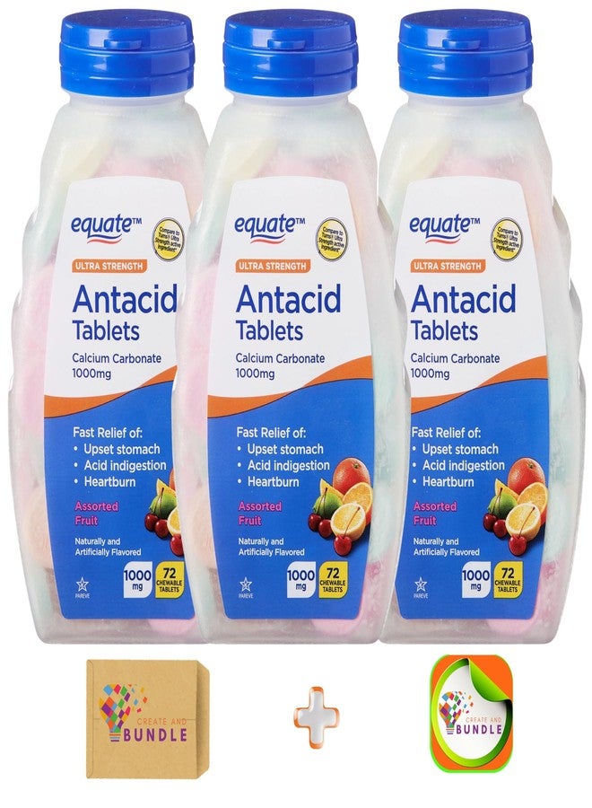 Create and Bundle Equate Ultra Strength Antacid Chewable Fruit Tablets, Over The Counter, 1000 mg, 72 Ct (Pack of 3) Total 216 Count + Createandbundle Sticker - Image 1
